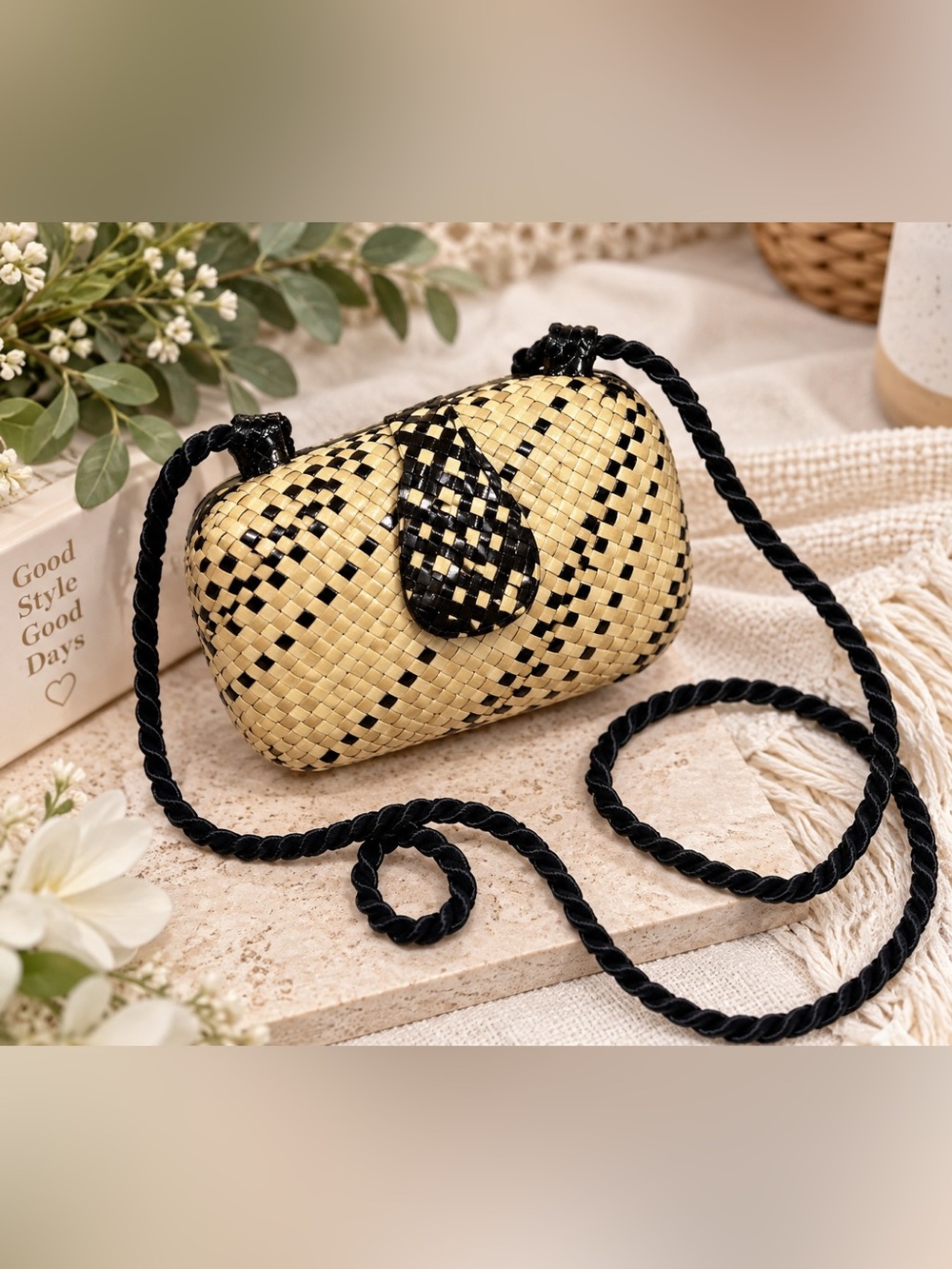 NWOT Handwoven Black Cream Woven Crossbody Bag Boho Artisan
